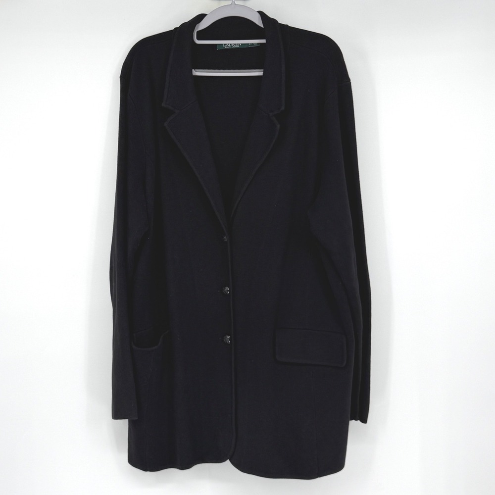 Lauren Ralph Lauren Blazer Women 2X Black Cotton Knit Coatigan Plus Size